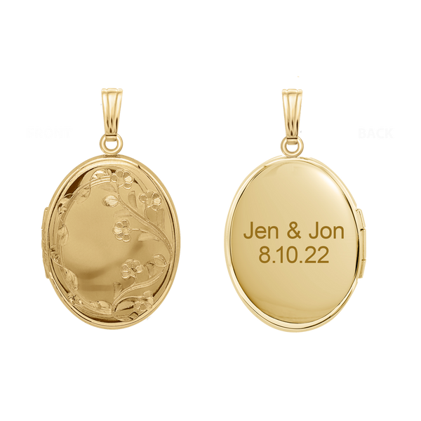 Hand Engraved Design Oval Locket in 14K Gold Filled with Optional Engraving (34 x 20 mm)