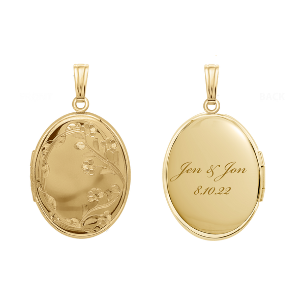 Hand Engraved Design Oval Locket in 14K Gold Filled with Optional Engraving (34 x 20 mm)