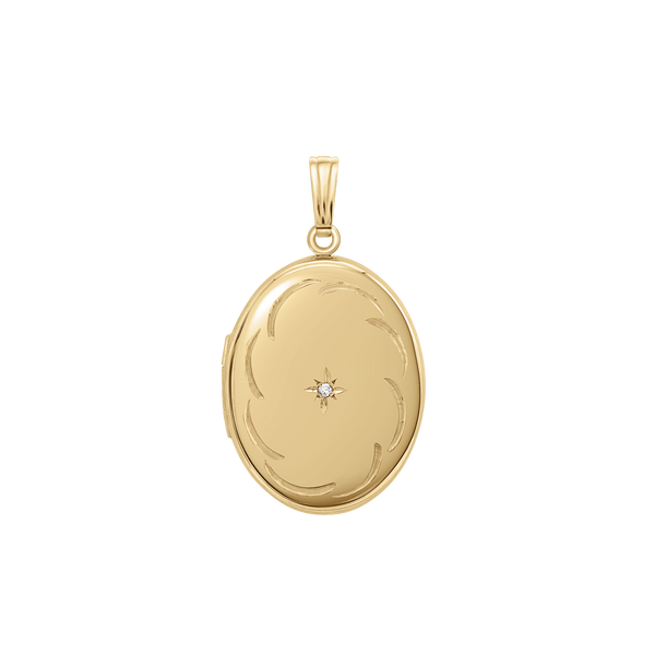 Oval Locket with Diamonds and Filigree Etching in 14K Gold Filled with Optional Engraving (34 x 20 mm)