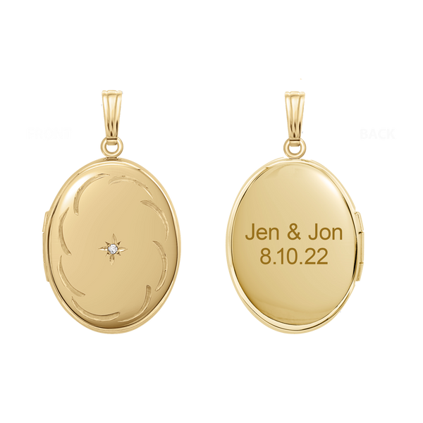 Oval Locket with Diamonds and Filigree Etching in 14K Gold Filled with Optional Engraving (34 x 20 mm)