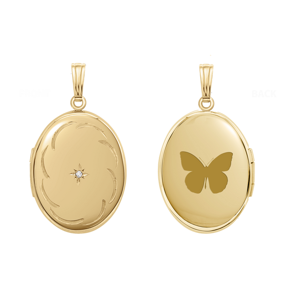 Oval Locket with Diamonds and Filigree Etching in 14K Gold Filled with Optional Engraving (34 x 20 mm)