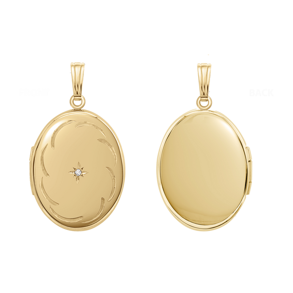 Oval Locket with Diamonds and Filigree Etching in 14K Gold Filled with Optional Engraving (34 x 20 mm)