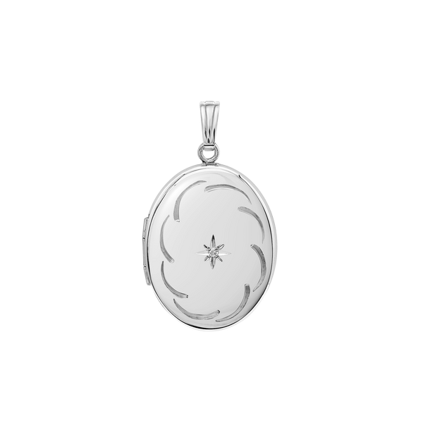 Hand Engraved Design Oval Locket with Diamonds in Sterling Silver with Optional Engraving (34 x 20 mm)