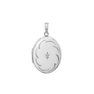 Hand Engraved Design Oval Locket with Diamonds in Sterling Silver with Optional Engraving (34 x 20 mm)