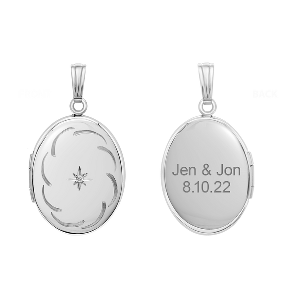 Hand Engraved Design Oval Locket with Diamonds in Sterling Silver with Optional Engraving (34 x 20 mm)