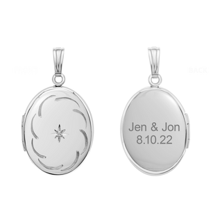 Hand Engraved Design Oval Locket with Diamonds in Sterling Silver with Optional Engraving (34 x 20 mm)