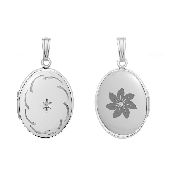 Hand Engraved Design Oval Locket with Diamonds in Sterling Silver with Optional Engraving (34 x 20 mm)