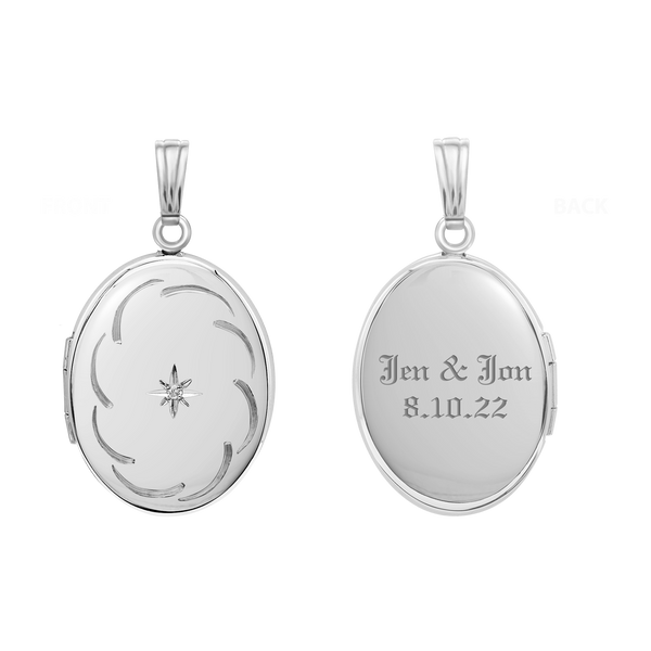 Hand Engraved Design Oval Locket with Diamonds in Sterling Silver with Optional Engraving (34 x 20 mm)