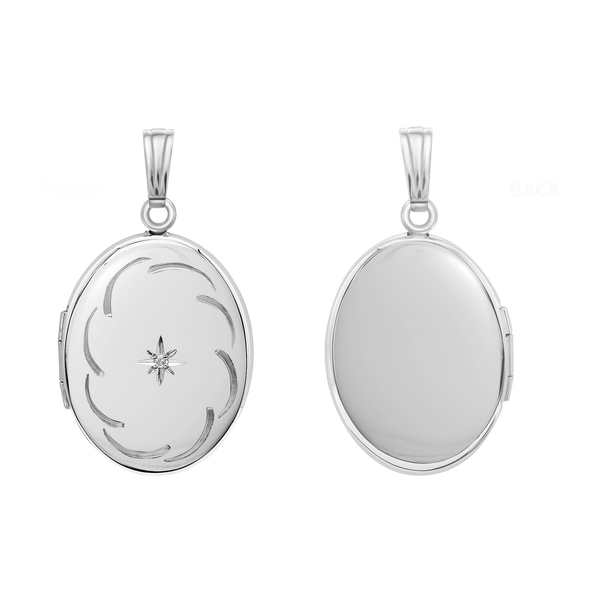 Hand Engraved Design Oval Locket with Diamonds in Sterling Silver with Optional Engraving (34 x 20 mm)