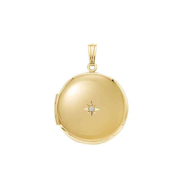 Round Locket with Diamonds in 14K Yellow Gold Optional Engraving (27 x 19 mm)