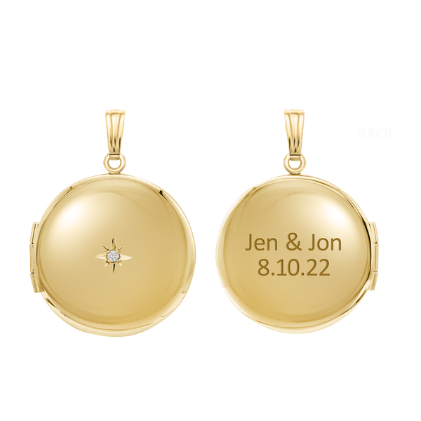 Round Locket with Diamonds in 14K Yellow Gold Optional Engraving (27 x 19 mm - 31 x 23 mm)