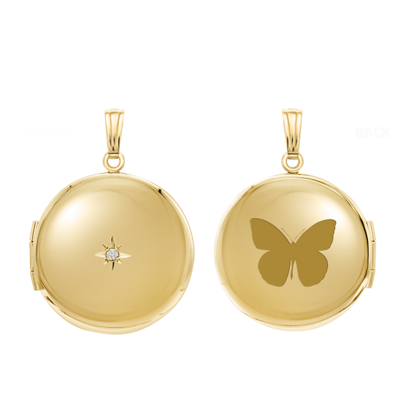 Round Locket with Diamonds in 14K Yellow Gold Optional Engraving (27 x 19 mm)