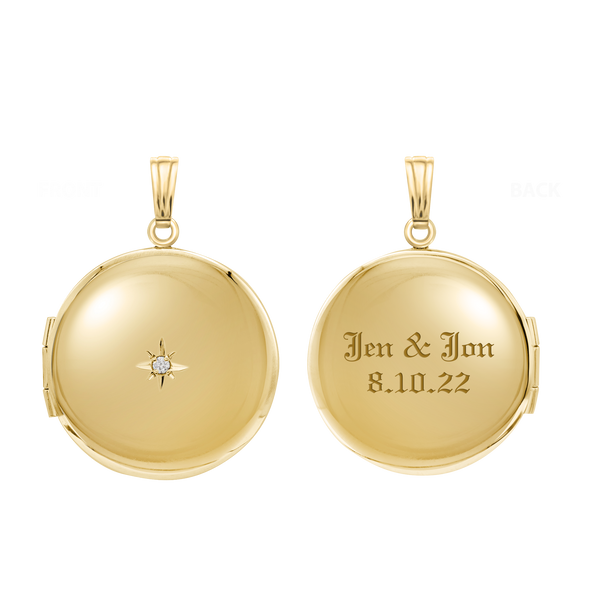 Round Locket with Diamonds in 14K Yellow Gold Optional Engraving (27 x 19 mm - 31 x 23 mm)