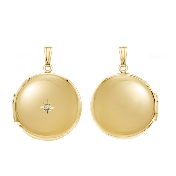 Round Locket with Diamonds in 14K Yellow Gold Optional Engraving (27 x 19 mm - 31 x 23 mm)