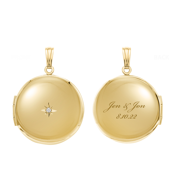 Round Locket with Diamonds in 14K Yellow Gold Optional Engraving (27 x 19 mm)