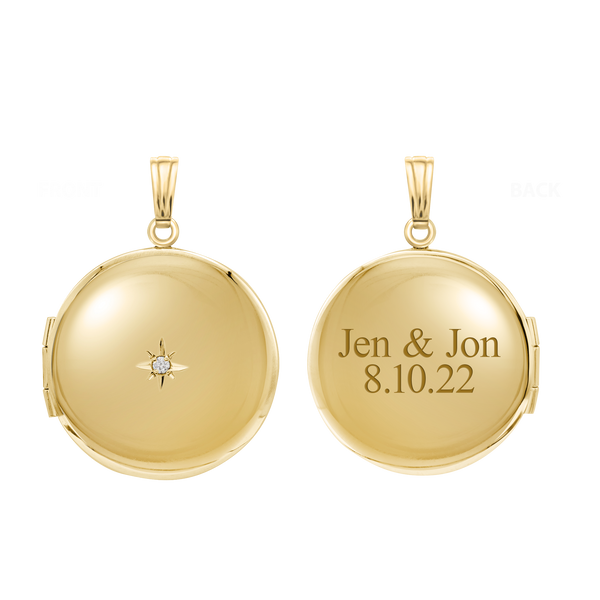 Round Locket with Diamonds in 14K Yellow Gold Optional Engraving (27 x 19 mm)