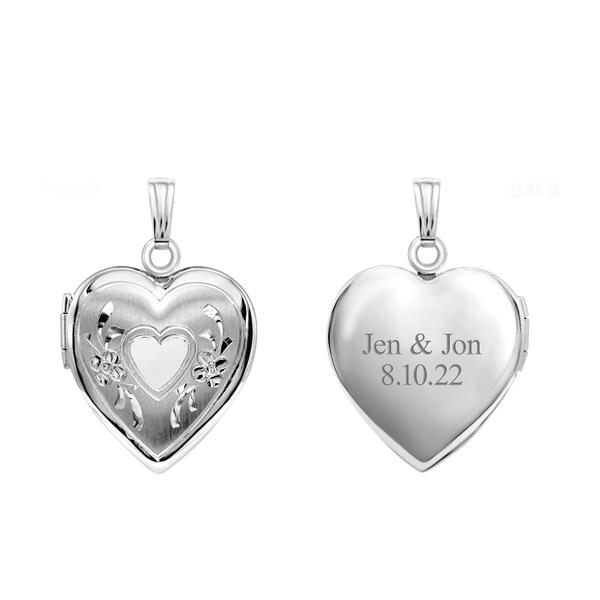 Hand Engraved Design Heart Locket in Sterling Silver  with Optional Engraving (22 x 15 mm)