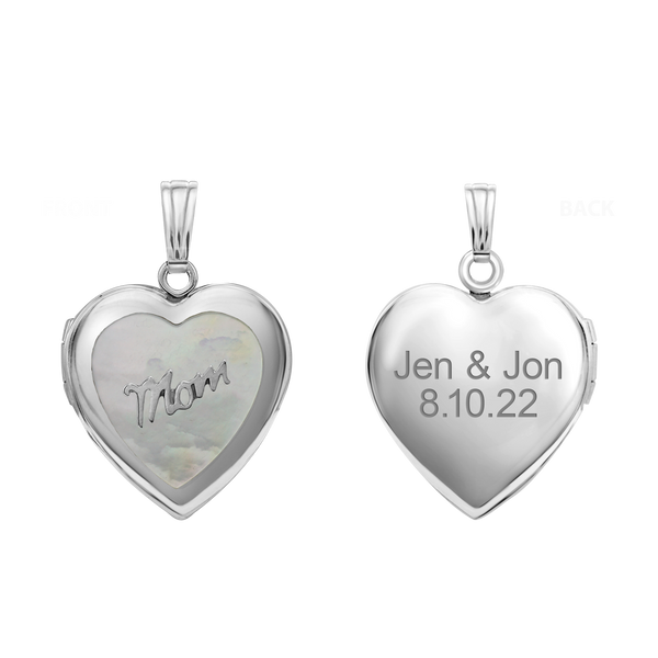 Mother Engraved Design of Pearl Heart Locket in Sterling Silver with Optional Engraving (28 x 19 mm)