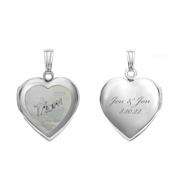 Mother Engraved Design of Pearl Heart Locket in Sterling Silver with Optional Engraving (28 x 19 mm)