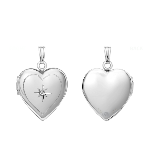 Heart Locket with Diamonds in Sterling Silver with Optional Engraving (22 x 15 mm)