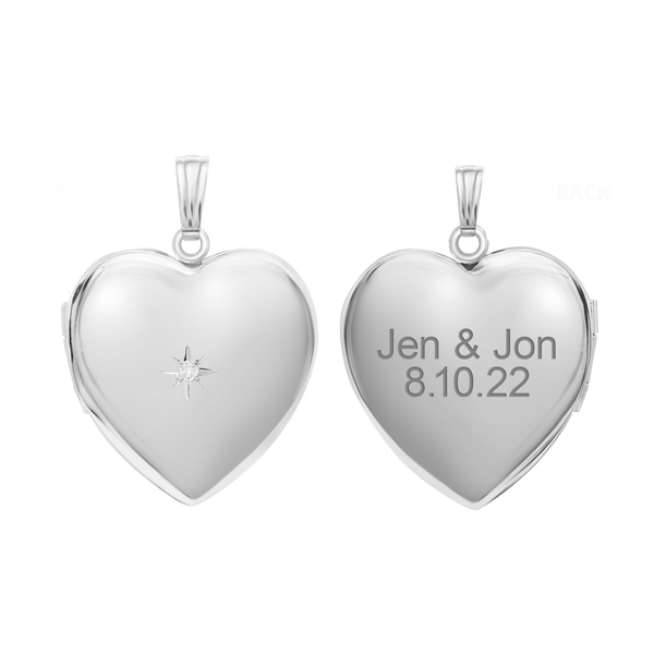 Heart Locket with Diamonds in Sterling Silver with Optional Engraving (34 x 26 mm)