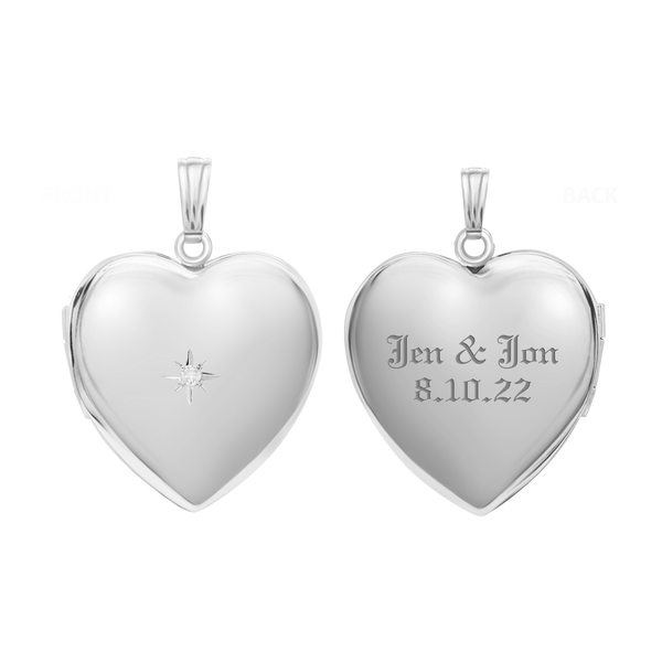 Heart Locket with Diamonds in Sterling Silver with Optional Engraving (34 x 26 mm)