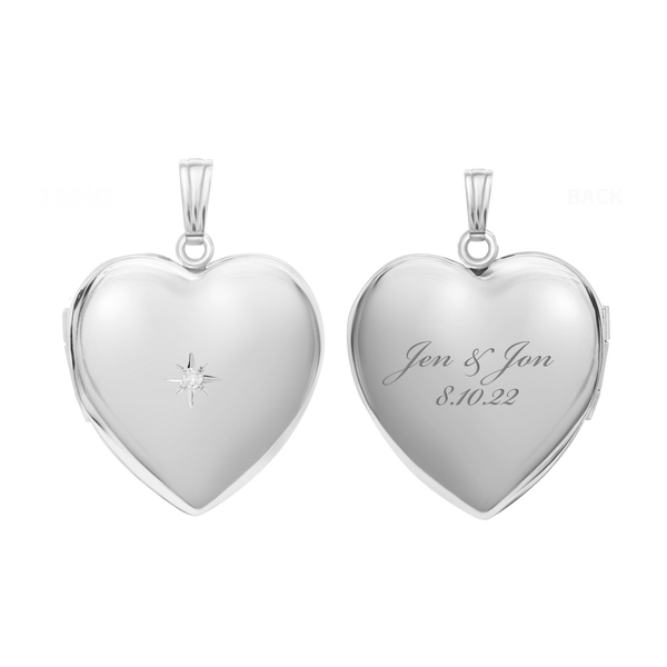 Heart Locket with Diamonds in Sterling Silver with Optional Engraving (34 x 26 mm)