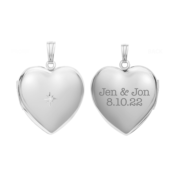 Heart Locket with Diamonds in Sterling Silver with Optional Engraving (34 x 26 mm)