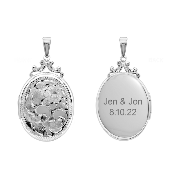 Hand Engraved Design Oval Locket in Sterling Silver  with Optional Engraving (35 x 24 mm)