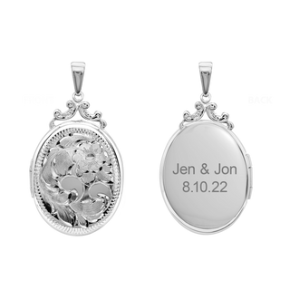 Hand Engraved Design Oval Locket in Sterling Silver  with Optional Engraving (35 x 24 mm)