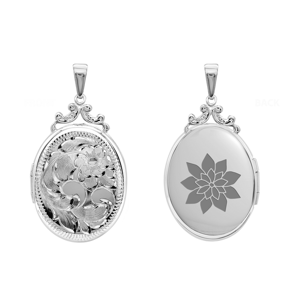 Hand Engraved Design Oval Locket in Sterling Silver  with Optional Engraving (35 x 24 mm)