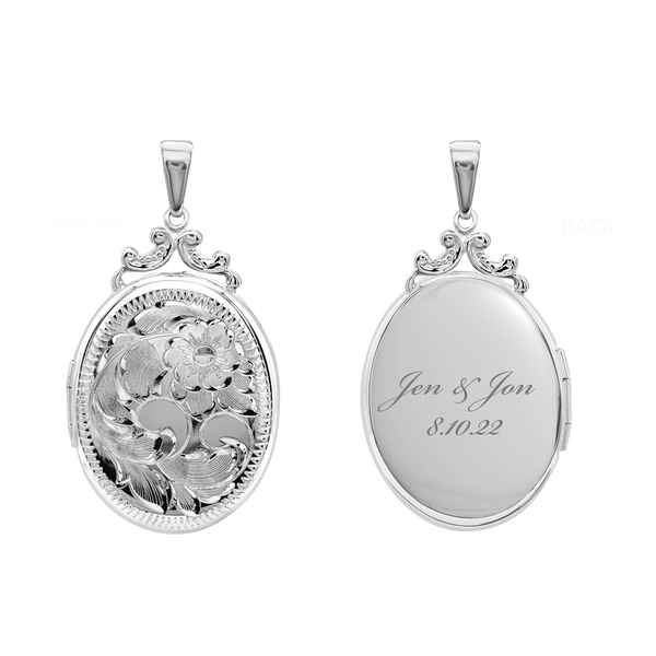 Hand Engraved Design Oval Locket in Sterling Silver  with Optional Engraving (35 x 24 mm)