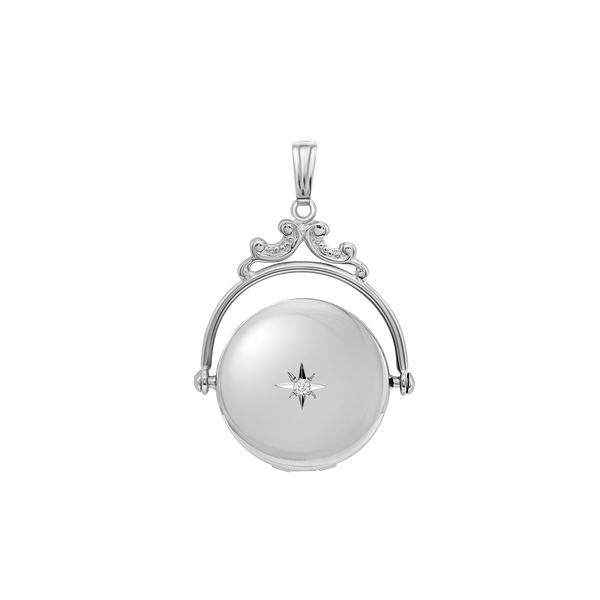 Antique Design Round Locket with Diamonds in Sterling Silver with Optional Engraving (35 x 24 mm)