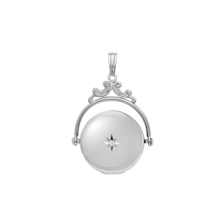 Antique Design Round Locket with Diamonds in Sterling Silver with Optional Engraving (35 x 24 mm)