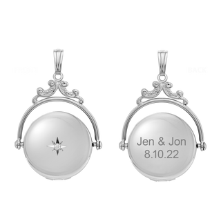 Antique Design Round Locket with Diamonds in Sterling Silver with Optional Engraving (35 x 24 mm)