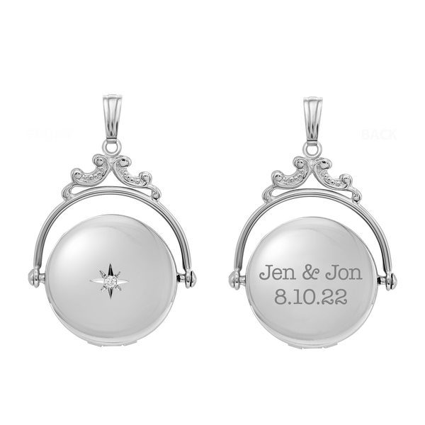 Antique Design Round Locket with Diamonds in Sterling Silver with Optional Engraving (35 x 24 mm)