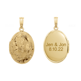 Hand Engraved Design Oval Locket in 14K Gold Filled with Optional Engraving (30 x 16 mm)