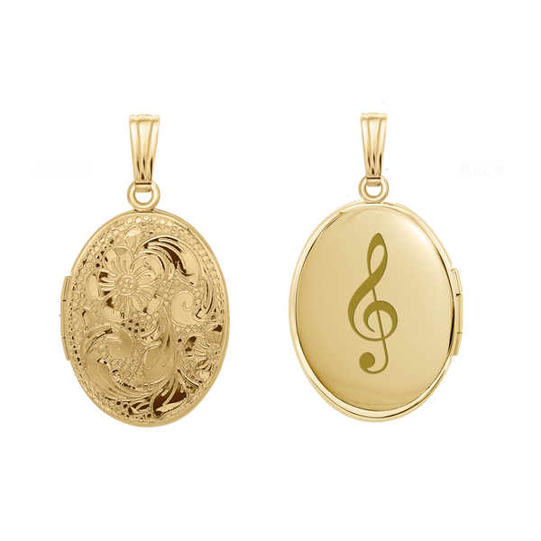Hand Engraved Design Oval Locket in 14K Gold Filled with Optional Engraving (30 x 16 mm)
