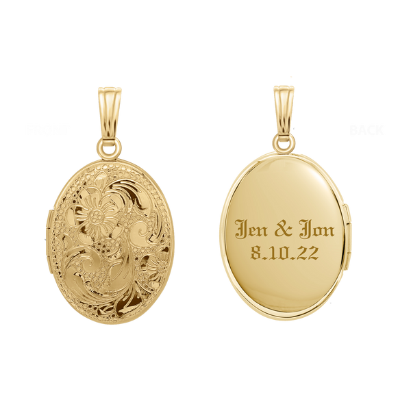 Hand Engraved Design Oval Locket in 14K Gold Filled with Optional Engraving (30 x 16 mm)