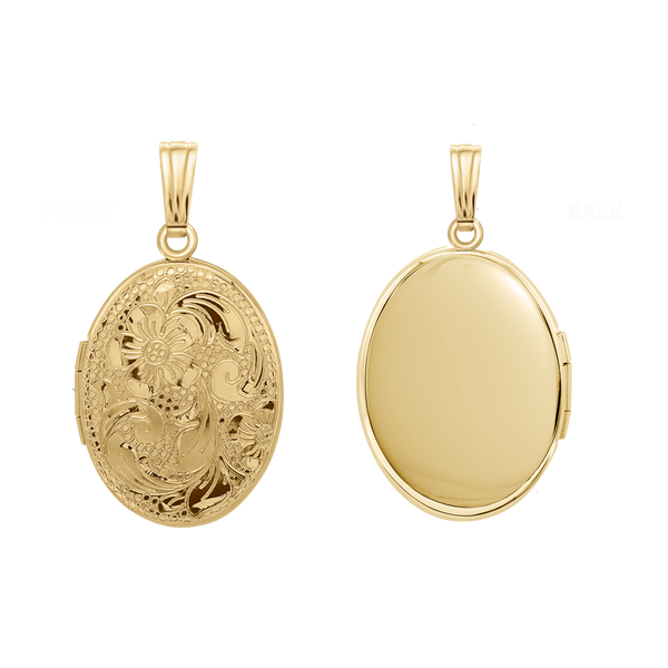 Hand Engraved Design Oval Locket in 14K Gold Filled with Optional Engraving (30 x 16 mm)