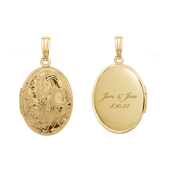 Hand Engraved Design Oval Locket in 14K Gold Filled with Optional Engraving (30 x 16 mm)