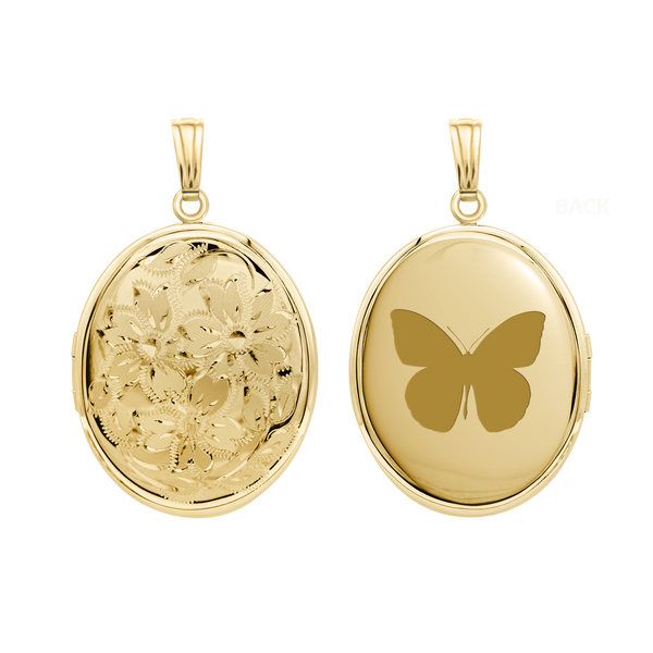 Hand Engraved Design Oval Locket in 14K Gold Filled with Optional Engraving (46 x 30 mm)