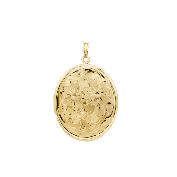 Special Order Only: Hand Engraved Design Oval Locket in 14K Yellow Gold (46 x 30 mm)