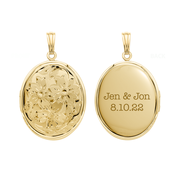 Hand Engraved Design Oval Locket in 14K Gold Filled with Optional Engraving (46 x 30 mm)