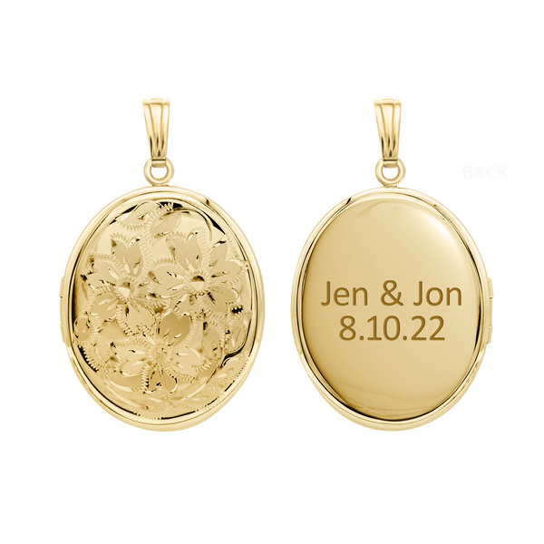 Hand Engraved Design Oval Locket in 14K Gold Filled with Optional Engraving (46 x 30 mm)
