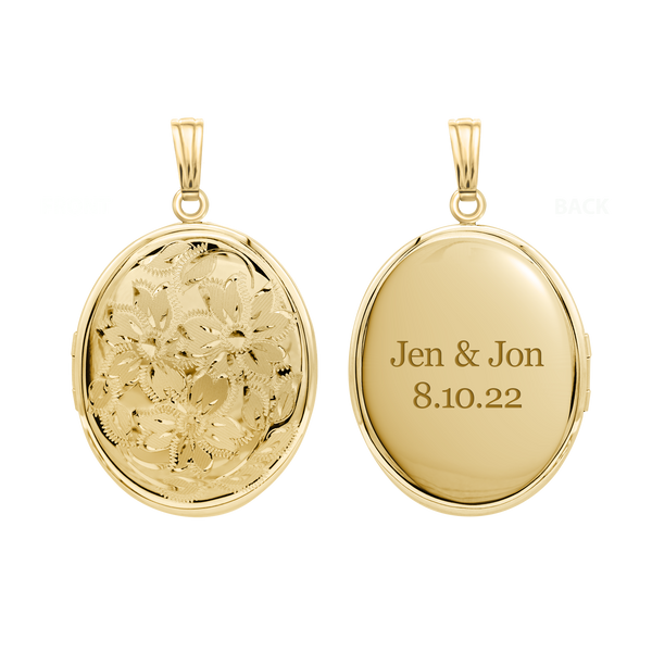 Hand Engraved Design Oval Locket in 14K Gold Filled with Optional Engraving (46 x 30 mm)