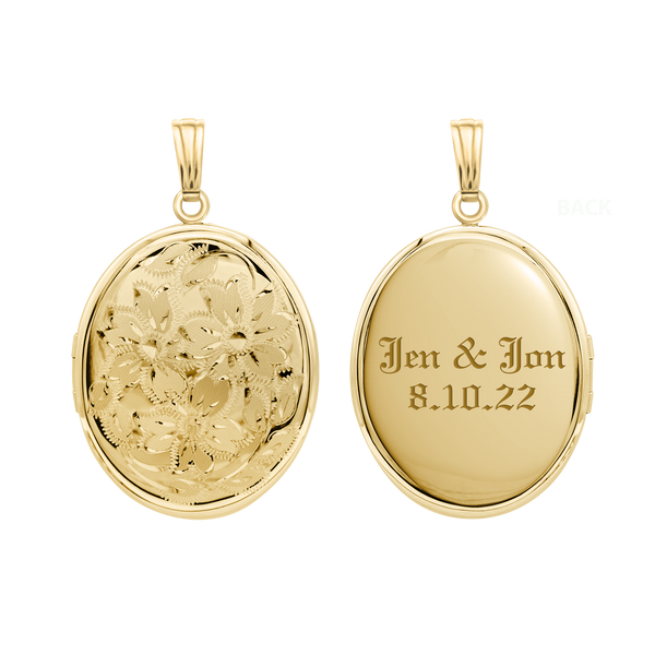 Hand Engraved Design Oval Locket in 14K Gold Filled with Optional Engraving (46 x 30 mm)