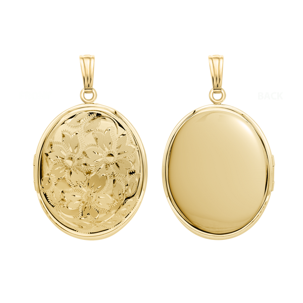 Hand Engraved Design Oval Locket in 14K Gold Filled with Optional Engraving (46 x 30 mm)