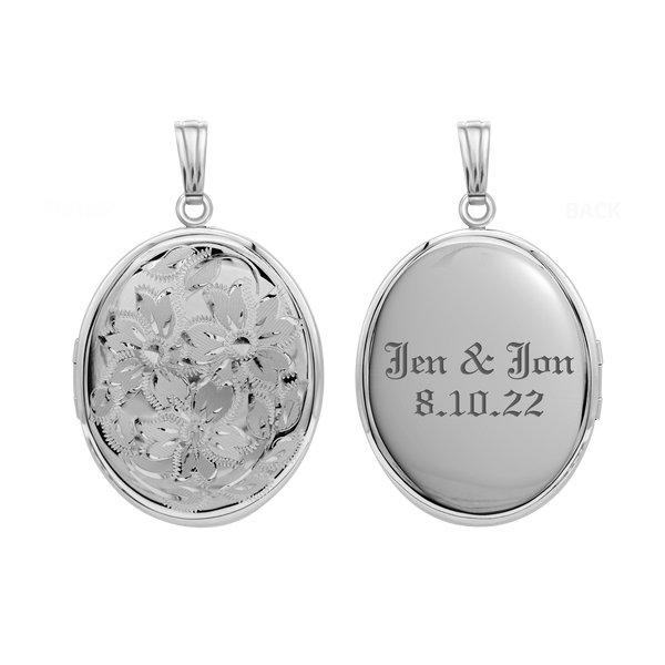 Hand Engraved Design Oval Locket in Sterling Silver with Optional Engraving (46 x 30 mm)