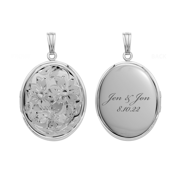 Hand Engraved Design Oval Locket in Sterling Silver with Optional Engraving (46 x 30 mm)